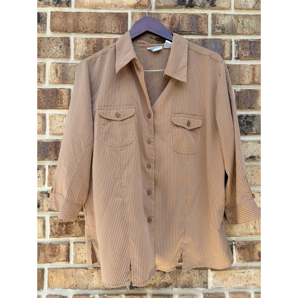 Apparenza Tan White Stripe Women's Blouse XL 3/4 Sleeves‎ Pocket Button Up Shirt